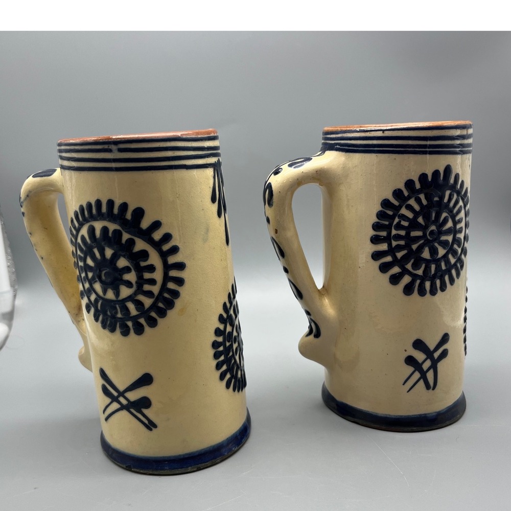 Vintage Folk Art Pottery Romania Pair of MugsCream Navy - Picture 3 of 7